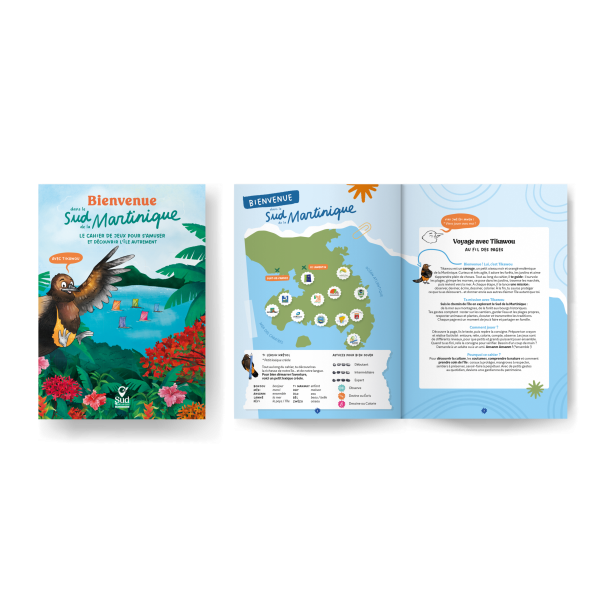 Cahier de jeux Sud Martinique avec la mascotte Tikawou en couverture