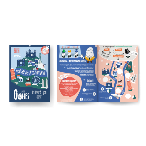 Couverture et double page du cahier de jeux Les Gones