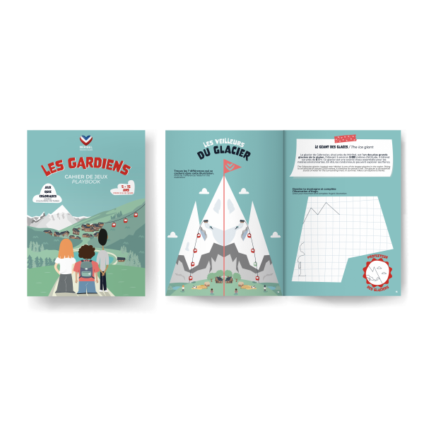 Pages de jeux en français et en anglais du cahier de Méribel