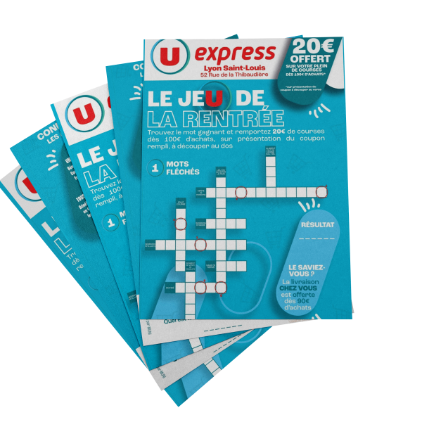 Pile de flyers jeu de la rentrée pour le magasin U Express