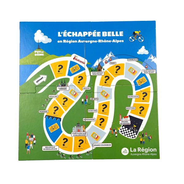 Plateau de 20 cases du jeu L'Échappée Belle représentant la région Auvergne-Rhône-Alpes